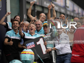 Angel Piqueras and Spain and Leopard Racing celebrate the victory of the Moto3 Race of MotoGP of San Marino at Misano World Circuit in Misan...