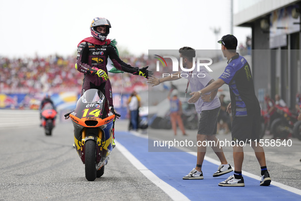 Tony Arbolino of Italy and ELF Marc VDS Racing Team celebrates the third place in the Moto2 Race of MotoGP of San Marino at Misano World Cir...