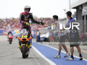 Tony Arbolino of Italy and ELF Marc VDS Racing Team celebrates the third place in the Moto2 Race of MotoGP of San Marino at Misano World Cir...