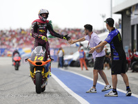 Tony Arbolino of Italy and ELF Marc VDS Racing Team celebrates the third place in the Moto2 Race of MotoGP of San Marino at Misano World Cir...