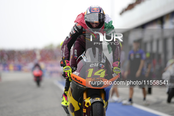 Tony Arbolino of Italy and ELF Marc VDS Racing Team celebrates the third place in the Moto2 Race of MotoGP of San Marino at Misano World Cir...