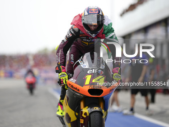 Tony Arbolino of Italy and ELF Marc VDS Racing Team celebrates the third place in the Moto2 Race of MotoGP of San Marino at Misano World Cir...