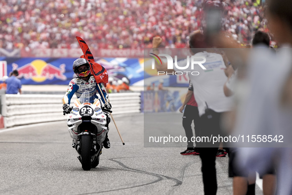 Marc Marquez of Spain and Gresini Racing MotoGP celebrate the victory of the MotoGP Race of MotoGP Of San Marino at Misano World Circuit in...