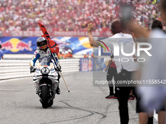 Marc Marquez of Spain and Gresini Racing MotoGP celebrate the victory of the MotoGP Race of MotoGP Of San Marino at Misano World Circuit in...