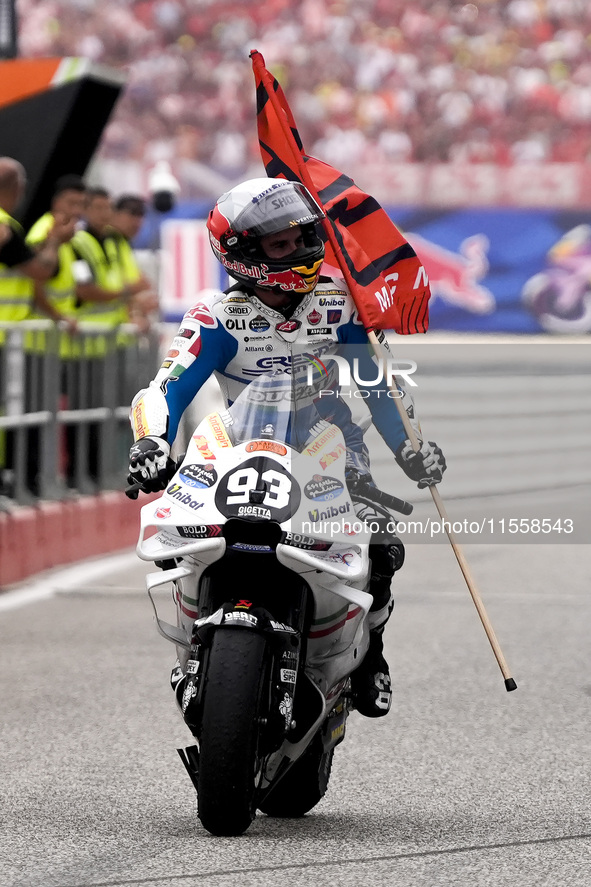 Marc Marquez of Spain and Gresini Racing MotoGP celebrate the victory of the MotoGP Race of MotoGP Of San Marino at Misano World Circuit in...