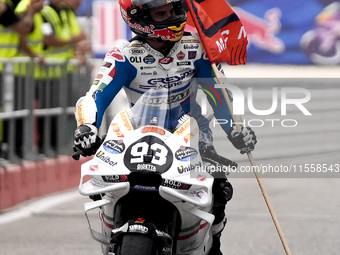 Marc Marquez of Spain and Gresini Racing MotoGP celebrate the victory of the MotoGP Race of MotoGP Of San Marino at Misano World Circuit in...