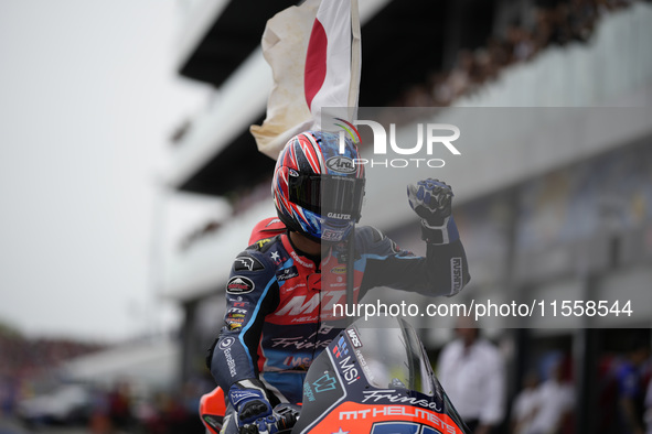 Ai Ogura of Japan and MT Helmets - MSI celebrate the victory of the Moto2 Race of MotoGP Of San Marino at Misano World Circuit in Misano Adr...