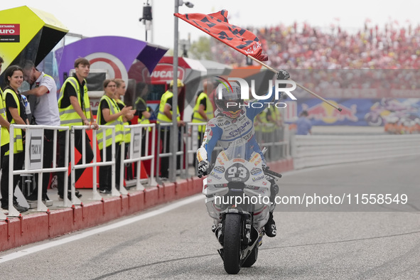 Marc Marquez of Spain and Gresini Racing MotoGP celebrate the victory of the MotoGP Race of MotoGP Of San Marino at Misano World Circuit in...