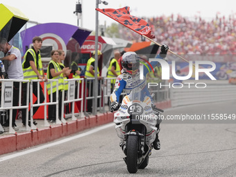 Marc Marquez of Spain and Gresini Racing MotoGP celebrate the victory of the MotoGP Race of MotoGP Of San Marino at Misano World Circuit in...