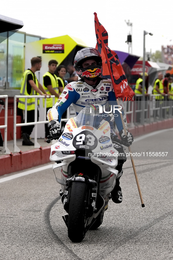 Marc Marquez of Spain and Gresini Racing MotoGP celebrate the victory of the MotoGP Race of MotoGP Of San Marino at Misano World Circuit in...