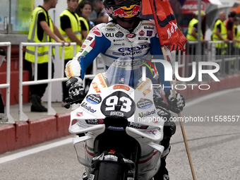 Marc Marquez of Spain and Gresini Racing MotoGP celebrate the victory of the MotoGP Race of MotoGP Of San Marino at Misano World Circuit in...