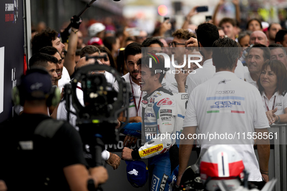 Marc Marquez of Spain and Gresini Racing MotoGP celebrate the victory of the MotoGP Race of MotoGP Of San Marino at Misano World Circuit in...