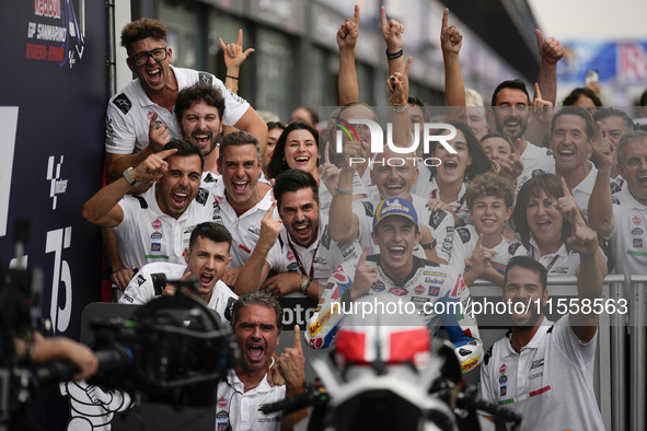 Marc Marquez of Spain and Gresini Racing MotoGP celebrate the victory of the MotoGP Race of MotoGP Of San Marino at Misano World Circuit in...