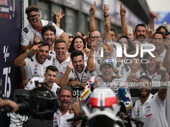 Marc Marquez of Spain and Gresini Racing MotoGP celebrate the victory of the MotoGP Race of MotoGP Of San Marino at Misano World Circuit in...