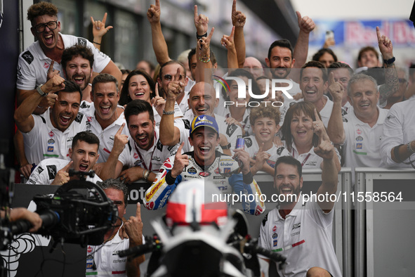 Marc Marquez of Spain and Gresini Racing MotoGP celebrate the victory of the MotoGP Race of MotoGP Of San Marino at Misano World Circuit in...