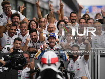 Marc Marquez of Spain and Gresini Racing MotoGP celebrate the victory of the MotoGP Race of MotoGP Of San Marino at Misano World Circuit in...