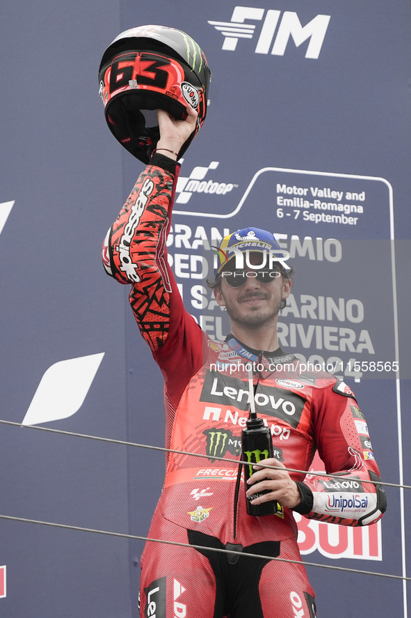 Francesco Bagnaia of Italy and Ducati Lenovo Team celebrates second place in the MotoGP Race of MotoGP Of San Marino at Misano World Circuit...