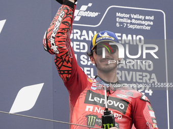 Francesco Bagnaia of Italy and Ducati Lenovo Team celebrates second place in the MotoGP Race of MotoGP Of San Marino at Misano World Circuit...