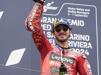 Francesco Bagnaia of Italy and Ducati Lenovo Team celebrates second place in the MotoGP Race of MotoGP Of San Marino at Misano World Circuit...