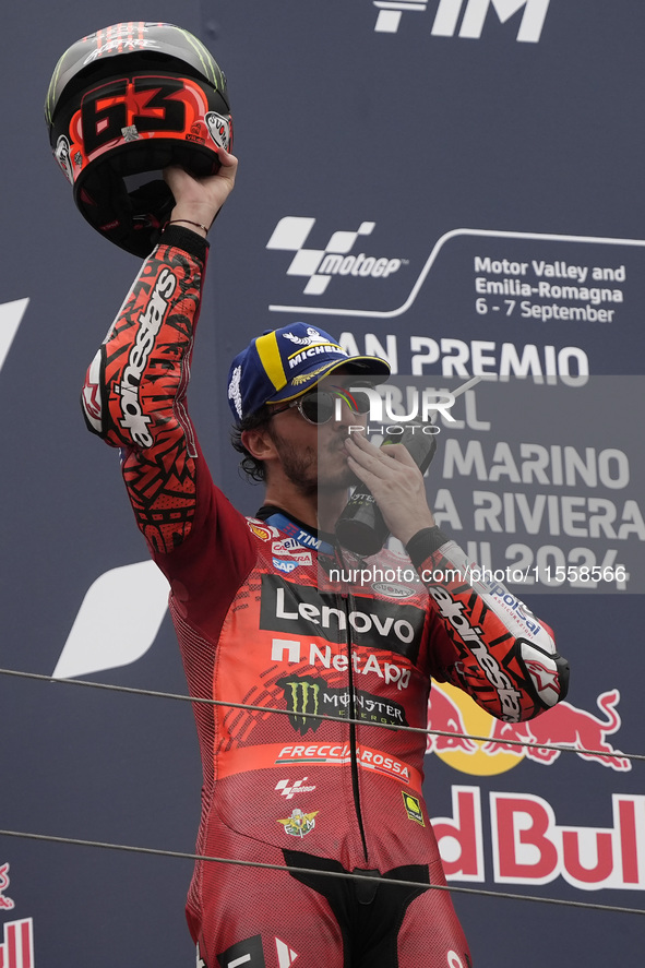 Francesco Bagnaia of Italy and Ducati Lenovo Team celebrates second place in the MotoGP Race of MotoGP Of San Marino at Misano World Circuit...