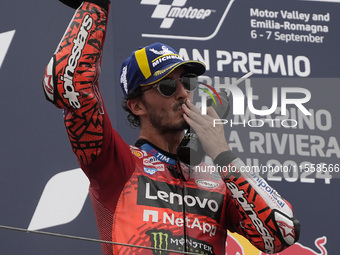 Francesco Bagnaia of Italy and Ducati Lenovo Team celebrates second place in the MotoGP Race of MotoGP Of San Marino at Misano World Circuit...