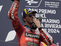 Francesco Bagnaia of Italy and Ducati Lenovo Team celebrates second place in the MotoGP Race of MotoGP Of San Marino at Misano World Circuit...