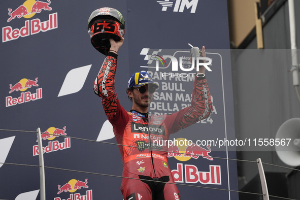 Francesco Bagnaia of Italy and Ducati Lenovo Team celebrates second place in the MotoGP Race of MotoGP Of San Marino at Misano World Circuit...