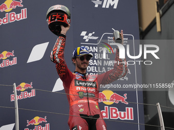 Francesco Bagnaia of Italy and Ducati Lenovo Team celebrates second place in the MotoGP Race of MotoGP Of San Marino at Misano World Circuit...