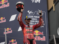 Francesco Bagnaia of Italy and Ducati Lenovo Team celebrates second place in the MotoGP Race of MotoGP Of San Marino at Misano World Circuit...