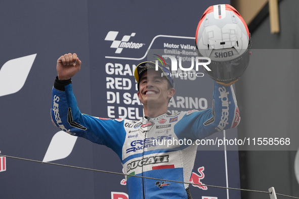 Marc Marquez of Spain and Gresini Racing MotoGP celebrate the victory of the MotoGP Race of MotoGP Of San Marino at Misano World Circuit in...