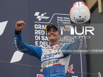 Marc Marquez of Spain and Gresini Racing MotoGP celebrate the victory of the MotoGP Race of MotoGP Of San Marino at Misano World Circuit in...