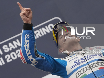 Marc Marquez of Spain and Gresini Racing MotoGP celebrate the victory of the MotoGP Race of MotoGP Of San Marino at Misano World Circuit in...