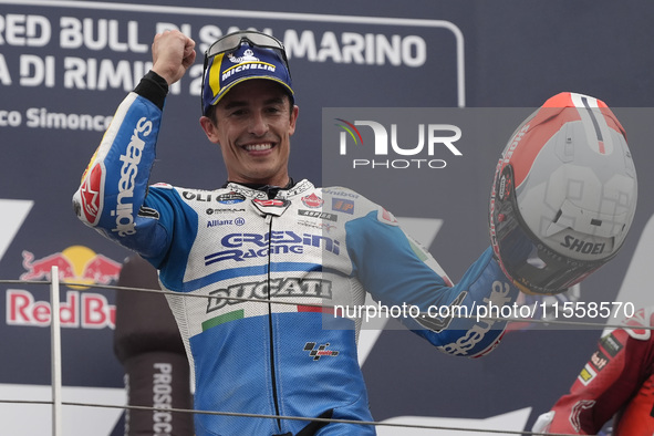 Marc Marquez of Spain and Gresini Racing MotoGP celebrate the victory of the MotoGP Race of MotoGP Of San Marino at Misano World Circuit in...