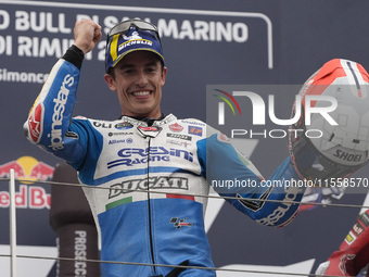 Marc Marquez of Spain and Gresini Racing MotoGP celebrate the victory of the MotoGP Race of MotoGP Of San Marino at Misano World Circuit in...