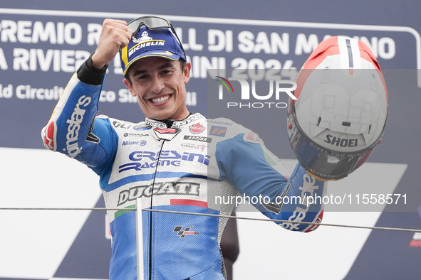 Marc Marquez of Spain and Gresini Racing MotoGP celebrate the victory of the MotoGP Race of MotoGP Of San Marino at Misano World Circuit in...