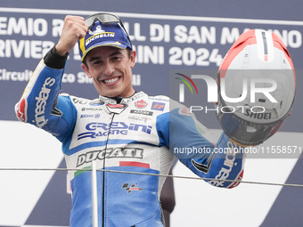 Marc Marquez of Spain and Gresini Racing MotoGP celebrate the victory of the MotoGP Race of MotoGP Of San Marino at Misano World Circuit in...