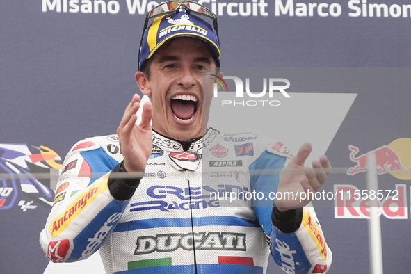 Marc Marquez of Spain and Gresini Racing MotoGP celebrate the victory of the MotoGP Race of MotoGP Of San Marino at Misano World Circuit in...