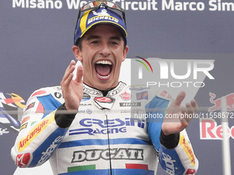 Marc Marquez of Spain and Gresini Racing MotoGP celebrate the victory of the MotoGP Race of MotoGP Of San Marino at Misano World Circuit in...