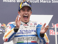 Marc Marquez of Spain and Gresini Racing MotoGP celebrate the victory of the MotoGP Race of MotoGP Of San Marino at Misano World Circuit in...