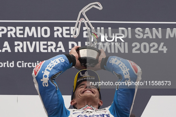 Marc Marquez of Spain and Gresini Racing MotoGP celebrate the victory of the MotoGP Race of MotoGP Of San Marino at Misano World Circuit in...