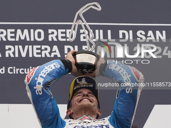 Marc Marquez of Spain and Gresini Racing MotoGP celebrate the victory of the MotoGP Race of MotoGP Of San Marino at Misano World Circuit in...