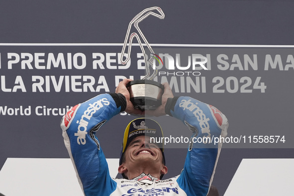 Marc Marquez of Spain and Gresini Racing MotoGP celebrate the victory of the MotoGP Race of MotoGP Of San Marino at Misano World Circuit in...