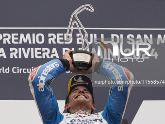 Marc Marquez of Spain and Gresini Racing MotoGP celebrate the victory of the MotoGP Race of MotoGP Of San Marino at Misano World Circuit in...