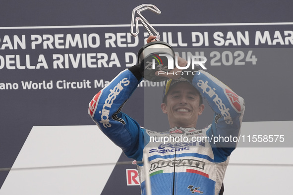 Marc Marquez of Spain and Gresini Racing MotoGP celebrate the victory of the MotoGP Race of MotoGP Of San Marino at Misano World Circuit in...