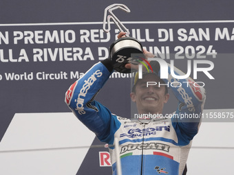 Marc Marquez of Spain and Gresini Racing MotoGP celebrate the victory of the MotoGP Race of MotoGP Of San Marino at Misano World Circuit in...