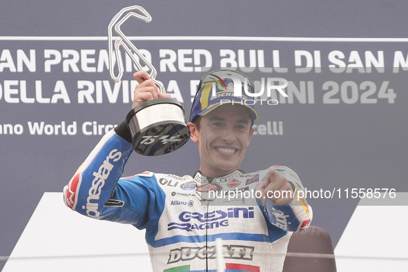 Marc Marquez of Spain and Gresini Racing MotoGP celebrate the victory of the MotoGP Race of MotoGP Of San Marino at Misano World Circuit in...