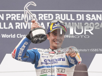 Marc Marquez of Spain and Gresini Racing MotoGP celebrate the victory of the MotoGP Race of MotoGP Of San Marino at Misano World Circuit in...