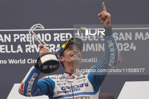 Marc Marquez of Spain and Gresini Racing MotoGP celebrate the victory of the MotoGP Race of MotoGP Of San Marino at Misano World Circuit in...