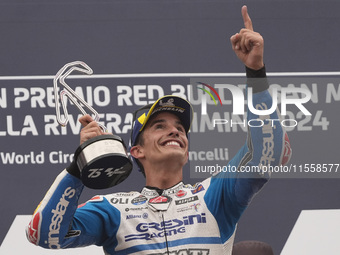 Marc Marquez of Spain and Gresini Racing MotoGP celebrate the victory of the MotoGP Race of MotoGP Of San Marino at Misano World Circuit in...