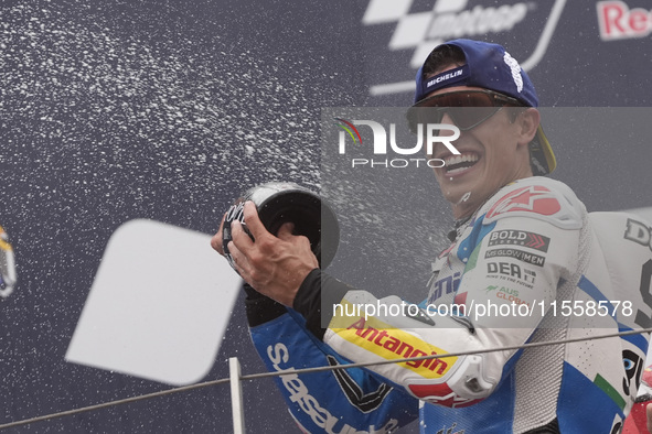 Marc Marquez of Spain and Gresini Racing MotoGP celebrate the victory of the MotoGP Race of MotoGP Of San Marino at Misano World Circuit in...